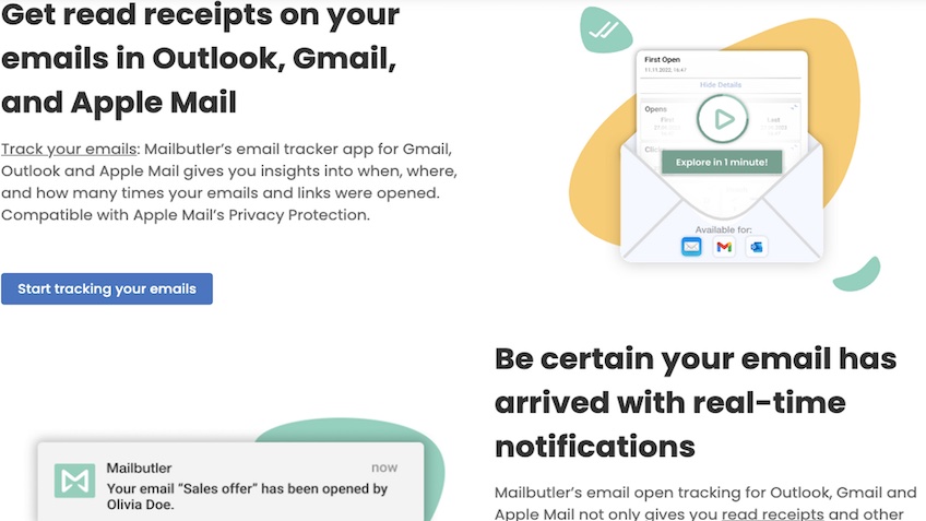 Email tracker app landing page.
