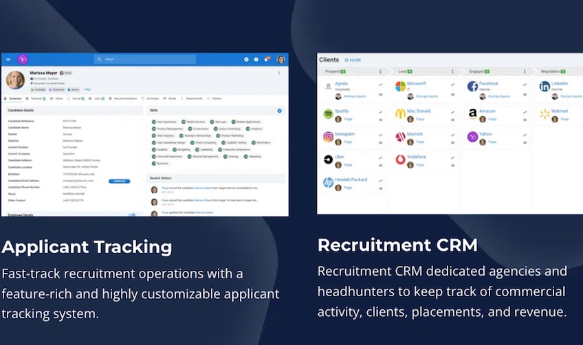 Two features with two screenshots of what each feature looks like, including applicant tracking and recruitment CRM.