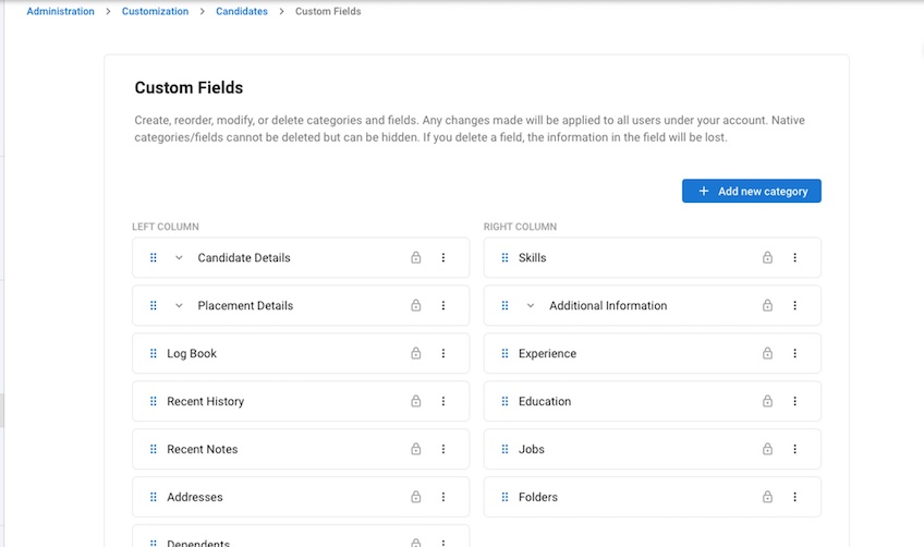 Custom fields creation page. 