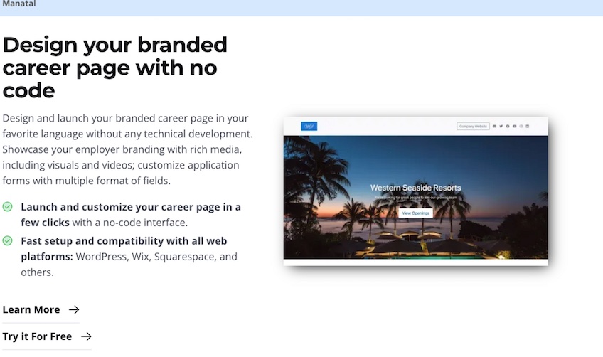 Design your branded career page with no code with various features listed.