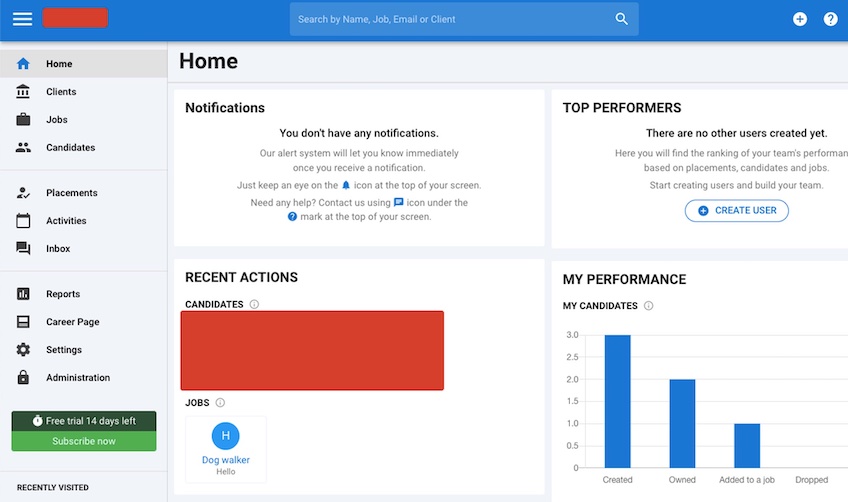 Manatal home screen with recent actions, notifications, performance graph, and top performers. 