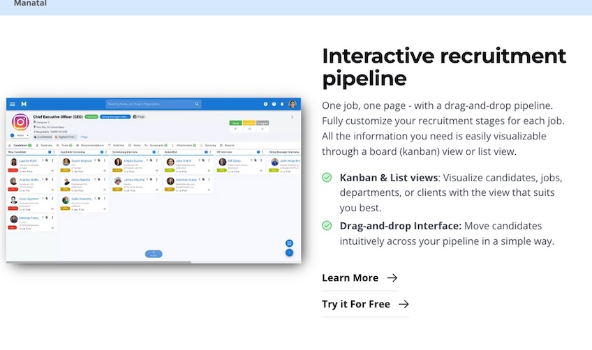 Interactive recruitment pipeline information with features highlighted.