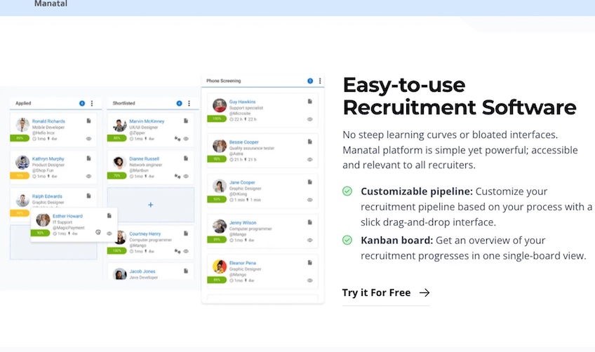 Features of Manatal recruitment software and try it free option.