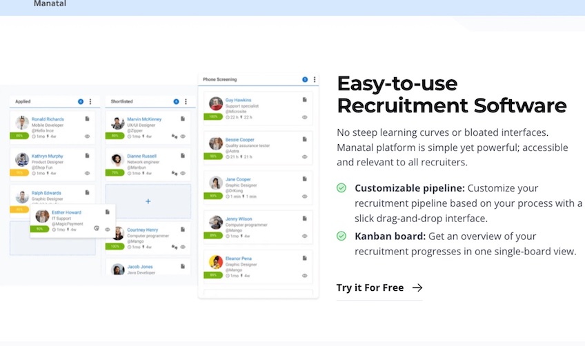 Features of Manatal recruitment software and try it free option. 