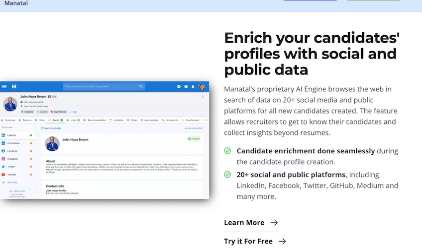 Enrich candidates' profiles with social and public data information page. 