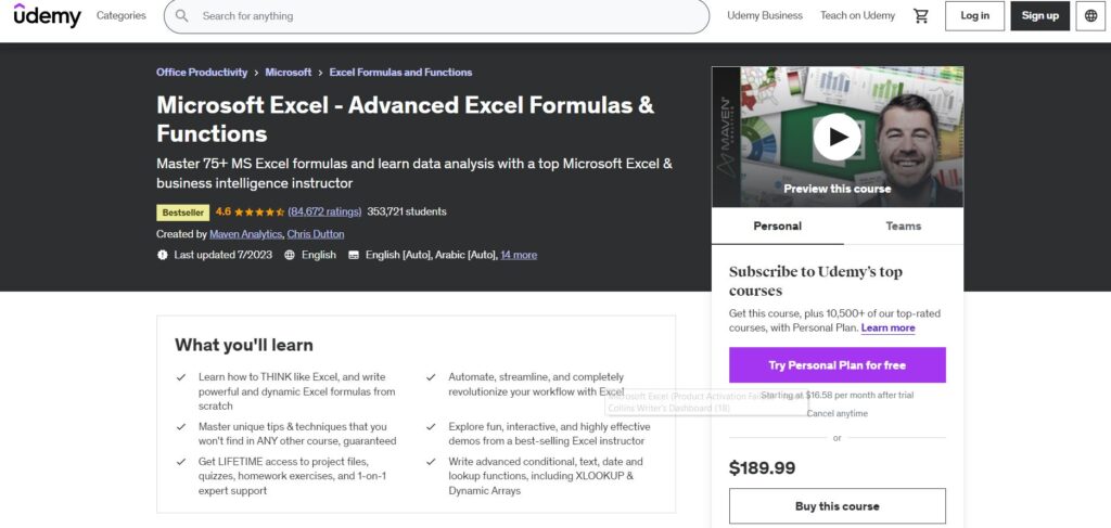 Microsoft Excel - Advanced Excel Formulas and Functions course by Udemy sign up page.