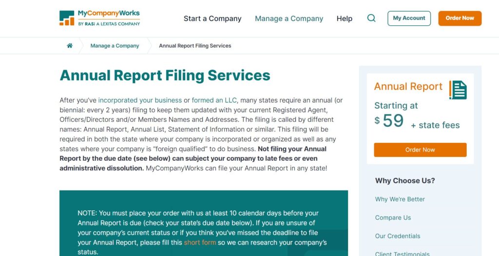 MyCompanyWorks annual report filing services page.