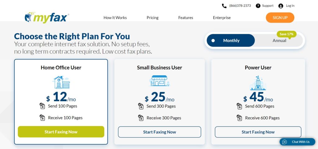 A screenshot showing MyFax's three standard pricing tiers