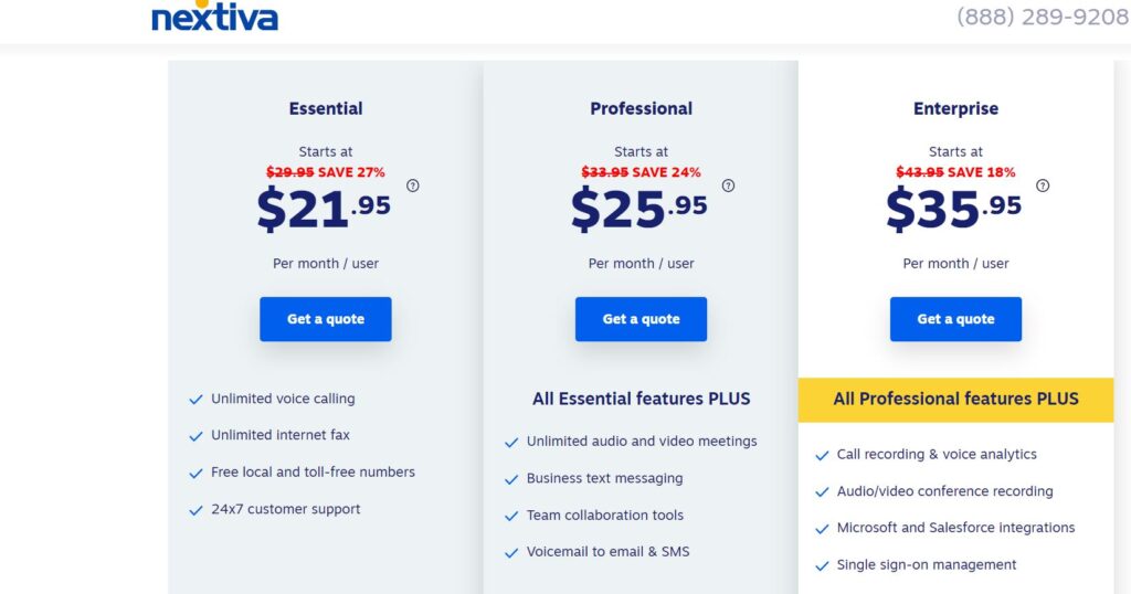 Nextiva pricing with options for Essential, Professional, and Enterprise plans