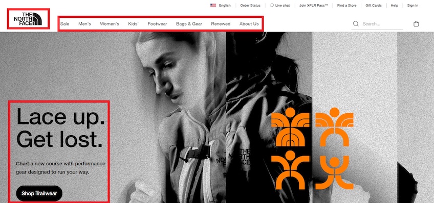 The North Face homepage with red boxes around the logo, menu, and main text. 