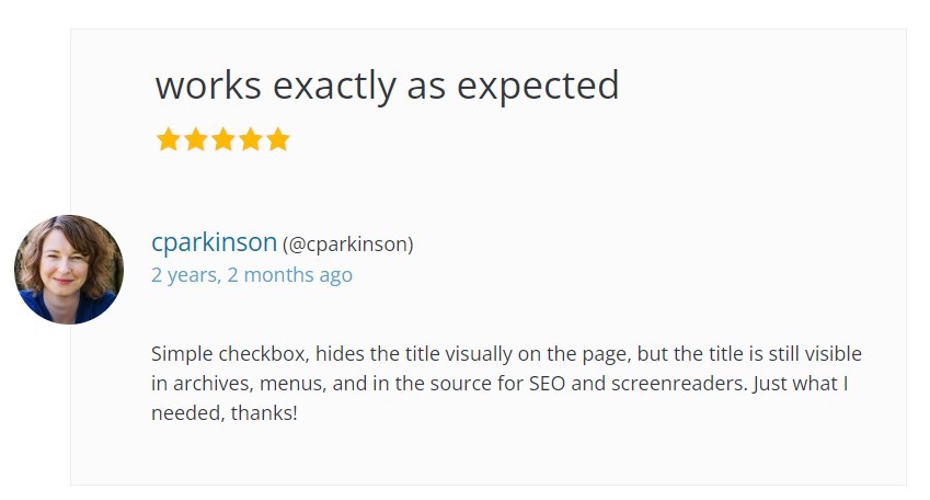 Screenshot of five star review for Hide Page and Post Title plugin. 