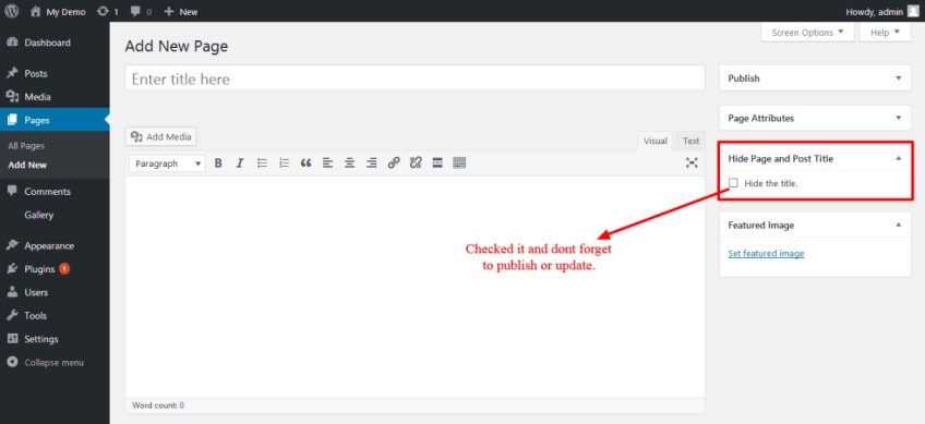 WordPress add new page with a red box around the option to hide page and post title. 