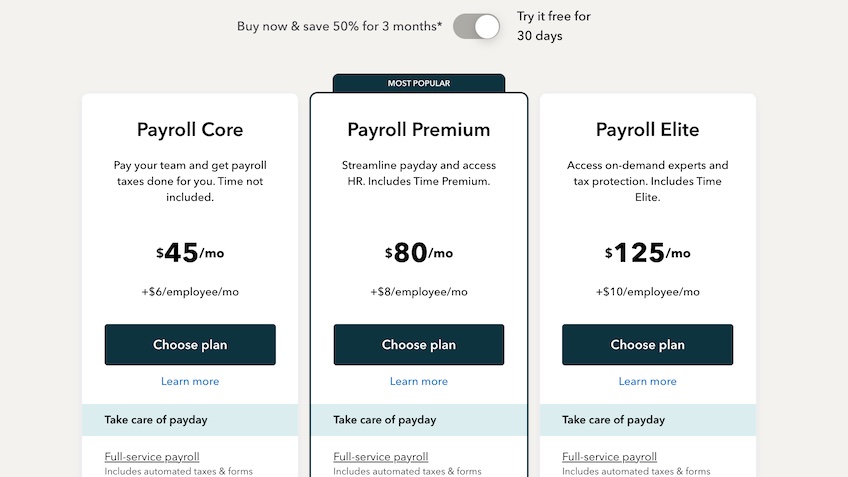 QuickBooks Payroll pricing plan with three tiers and rates