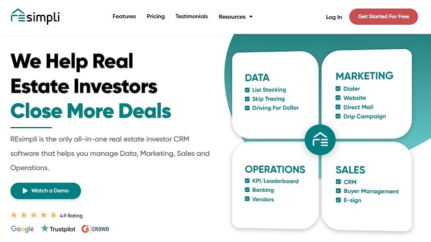 REsimpli landing page with a watch a demo button.