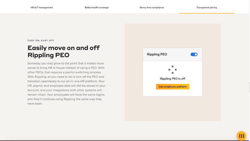 Easy on, easy off landing page for Rippling PEO services. 