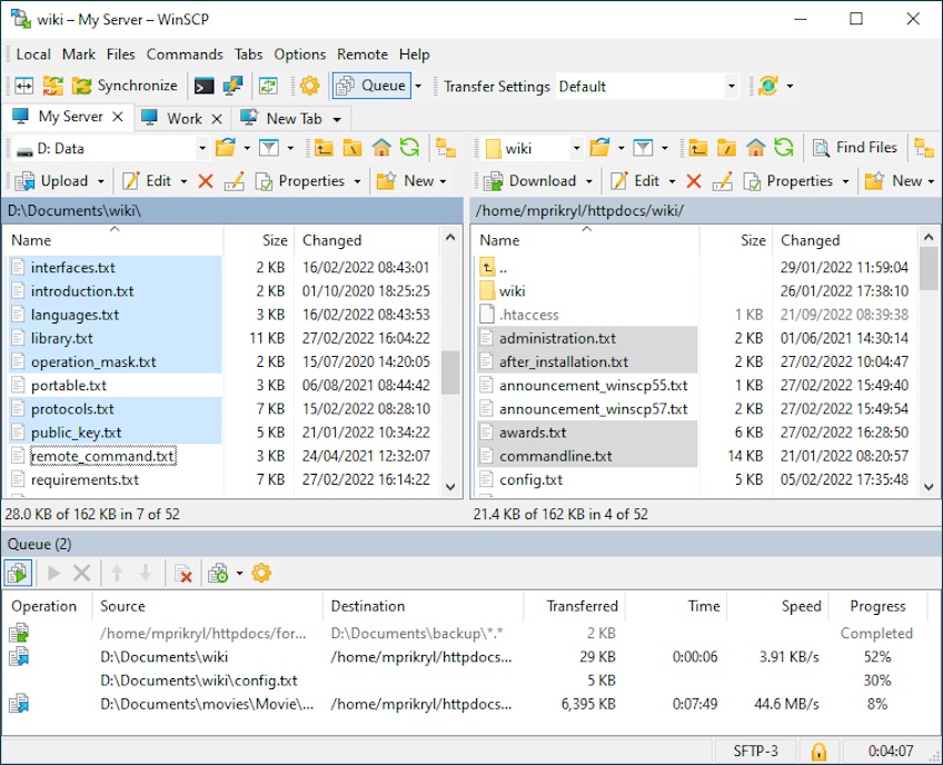 WinSCP actively executing file transfers to a remote destination from its queue.