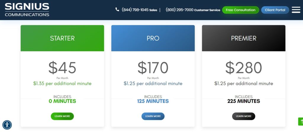 Signius Communications pricing, including options for Starter, Pro, and Premier plans