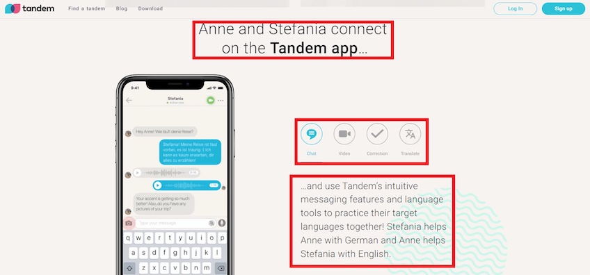 Tandem site with red boxes around text and icons. 
