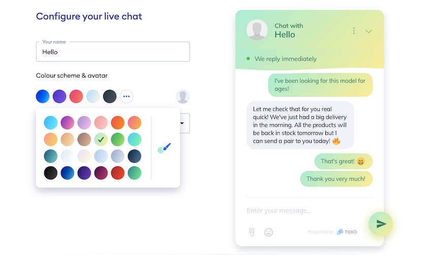 Live chat configuration with options to pick color and avatar. 