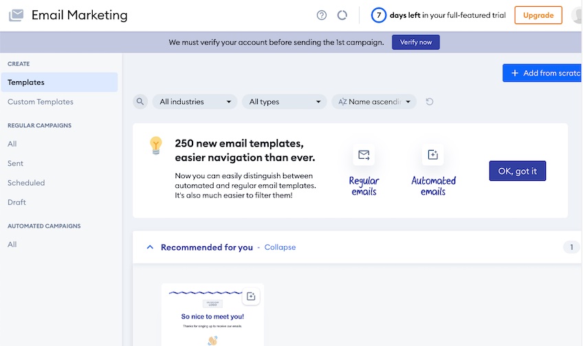 Email marketing template options.