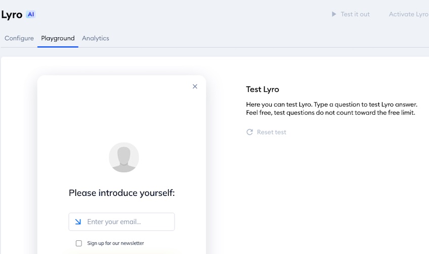 Lyro interface with the playground section selected.