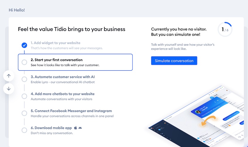 Steps to setup Tidio with second step highlighted and first step completed. 