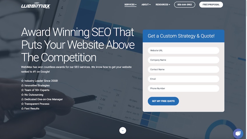 Webimax custom strategy & quote request form landing page. 