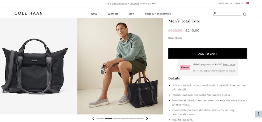 Product showcase example on the Cole Haan site.