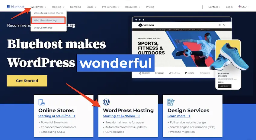 Screenshot of Bluehost's homepage with red arrows pointing to WordPress hosting