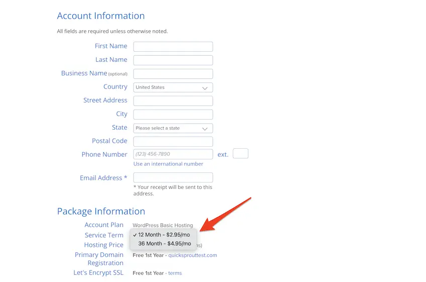 Bluehost's WordPress hosting checkout page with account information fields and a red arrow pointing to service terms of 12 or 36 months