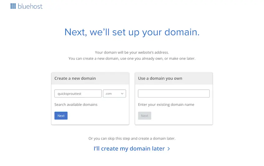 Screenshot of Bluehost's domain setup, with the option to search for a new domain or connect one you own