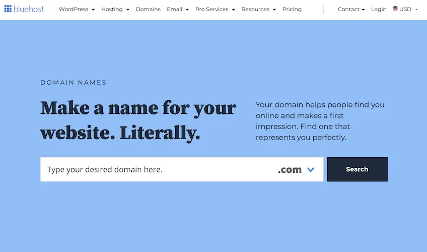 Screenshot of Bluehost's domain name search