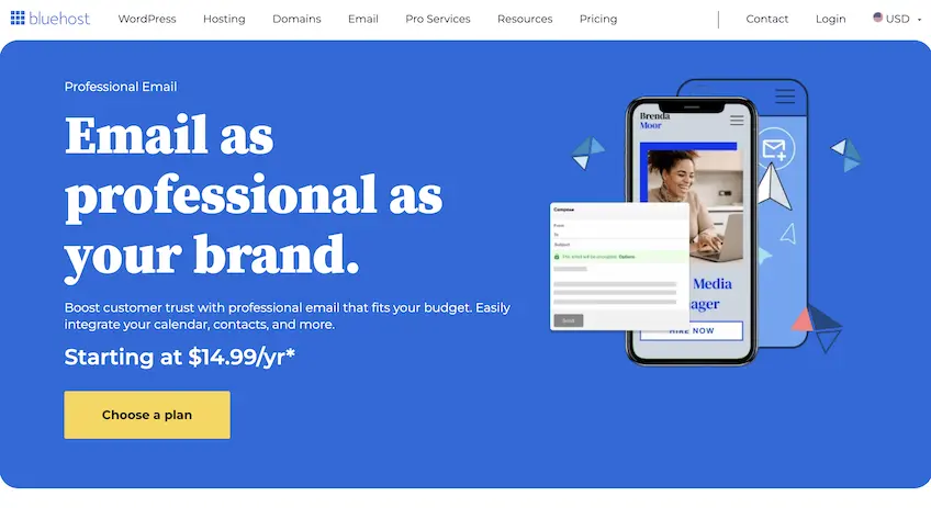 Bluehost's professional email landing page