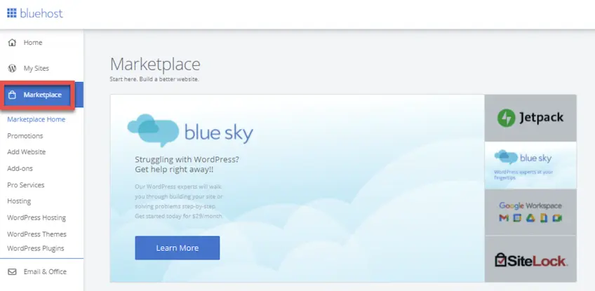 Screenshot of Bluehost Marketplace from a Bluehost dashboard with the Marketplace menu highlighted in red on the left side of the screen.