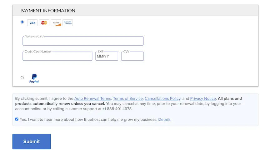 Ecranul cu informații de plată al Bluehost în timpul procesului de plată pentru găzduire web