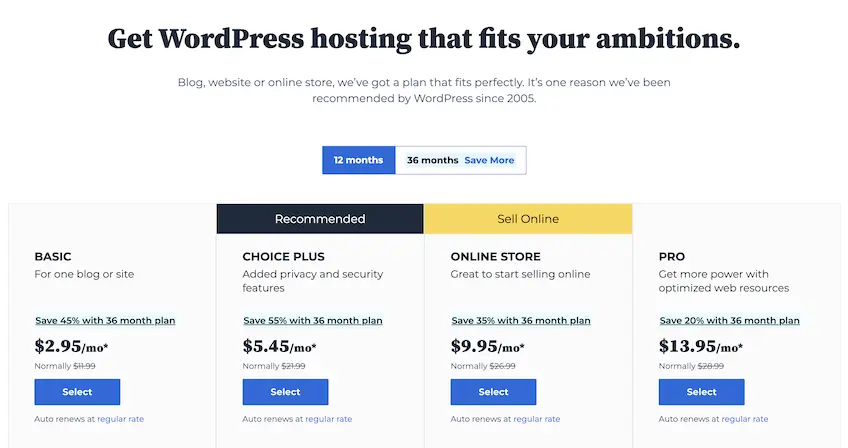 Screenshot of Bluehost's hosting plans