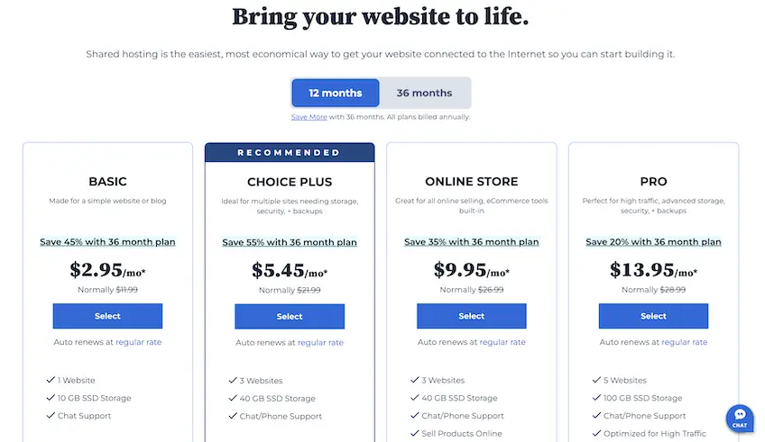 Bluehost shared hosting pricing table with four plans