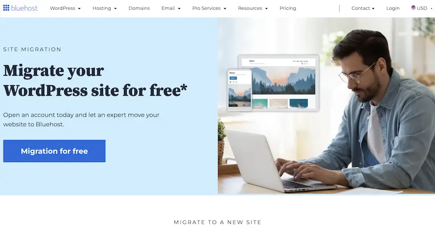 Bluehost's free WordPress site migration landing page with a man wearing a blue shirt and glasses using laptop