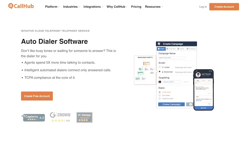 CallHub auto dialer software landing page
