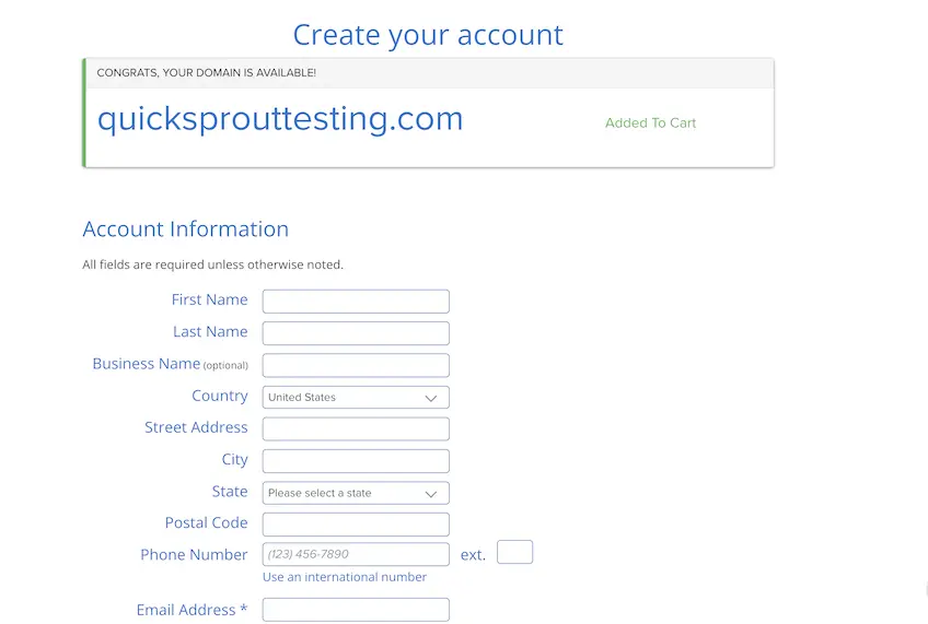 Bluehost's account creation screen