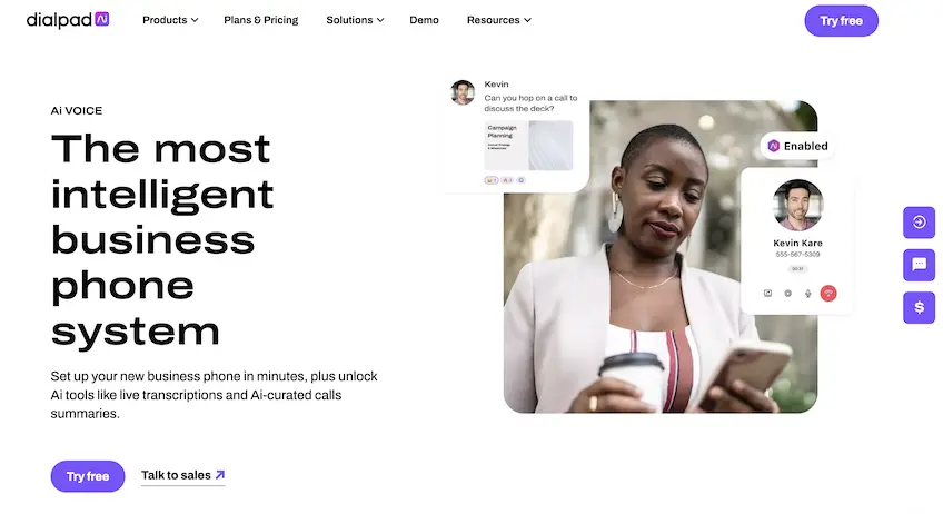 Screenshot of Dialpad's AI voice landing page showing.a woman holding a coffee cup looking at her smartphone