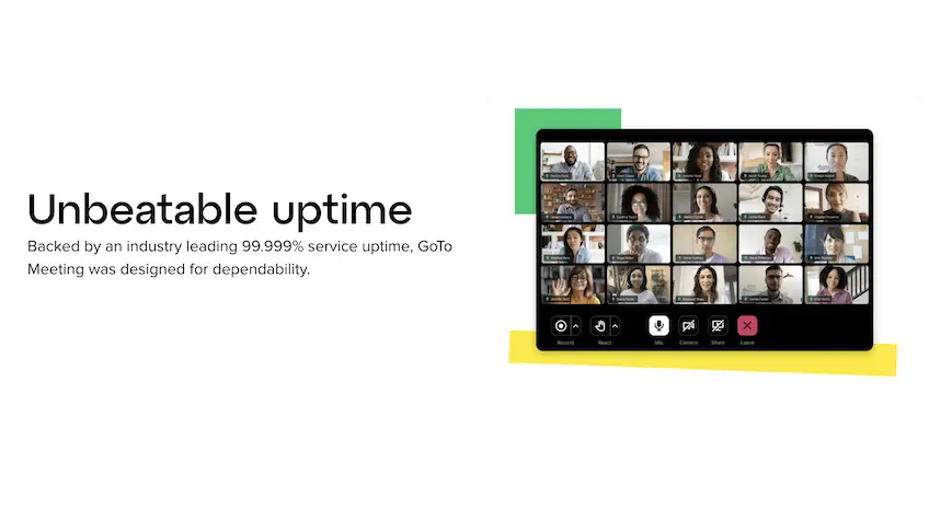 Screenshot of GoTo Meeting's website highlighting 99.999% uptime and a screen with 20 people on a video conference