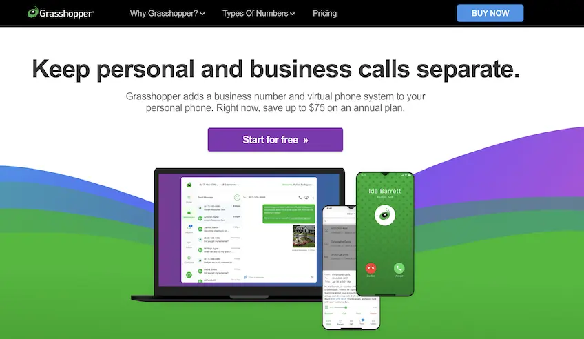 business phone service cost Grasshopper home page, showing calls from a computer and smartphone