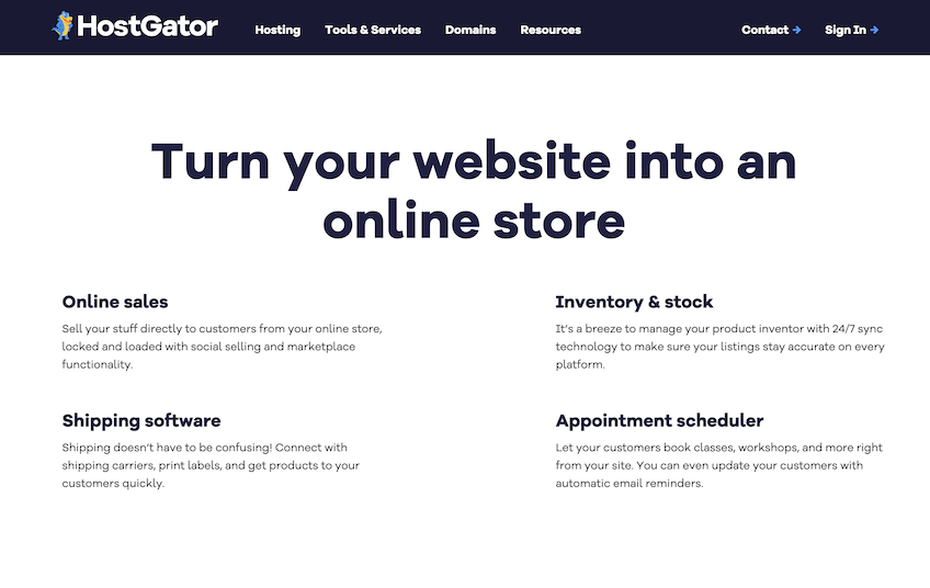 HostGator online store landing page