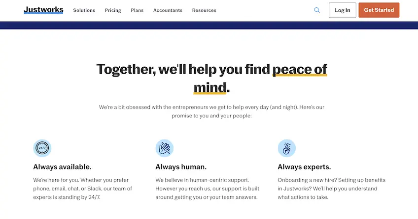 Screenshot from the Justworks homepage highlighting peace of mind and support