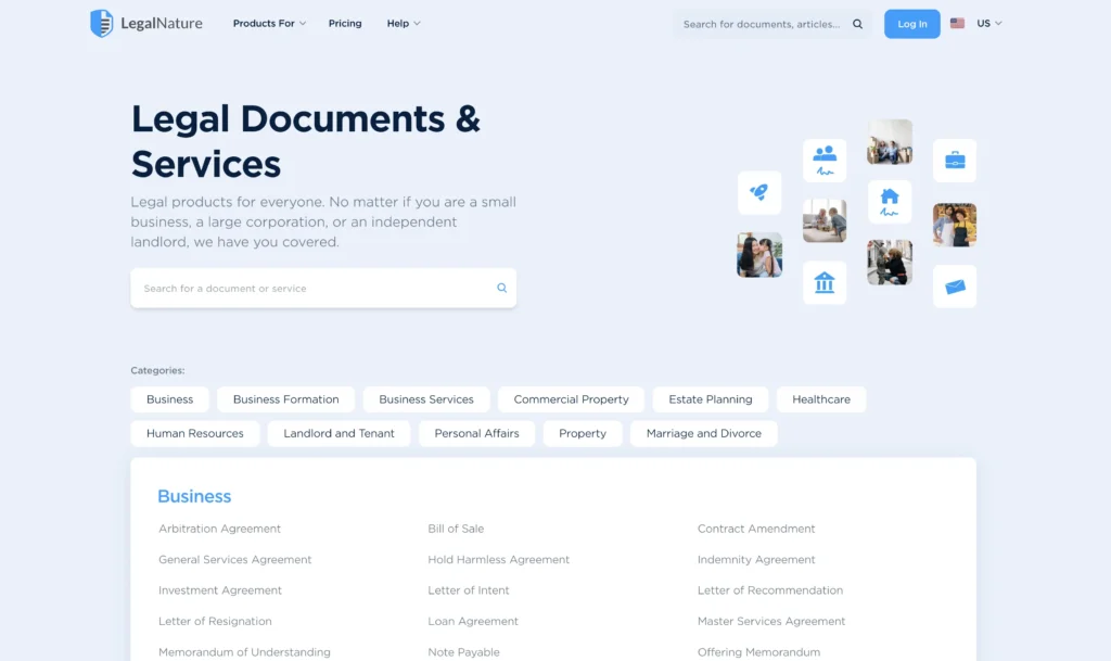 Screenshot of LegalNature's document search page
