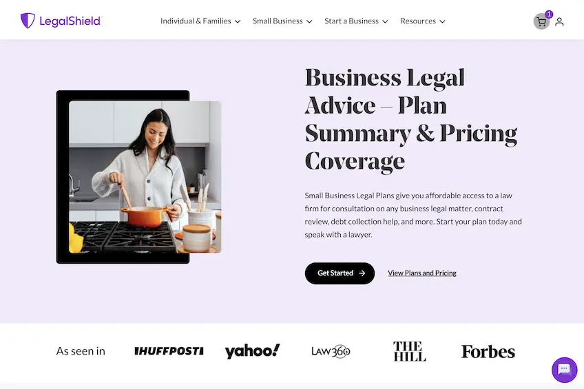 LegalShield's business legal plan landing page, showing a woman stirring a pot on the stove