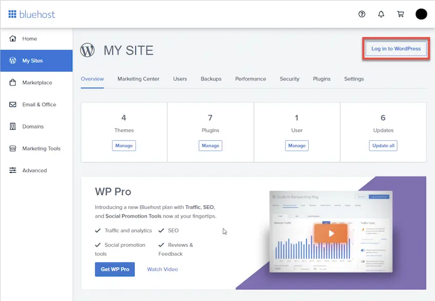 Bluehost dashboard, with the WordPress login button highlighted in red