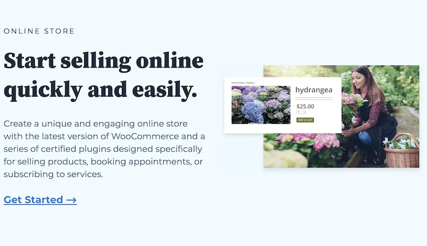 Captură de ecran a paginii de destinație a magazinului online Bluehost, evidențiază beneficiile cu WooCommerce și o imagine a unei femei care plantează flori.
