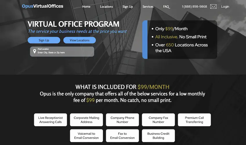 Opus Virtual Office landing page